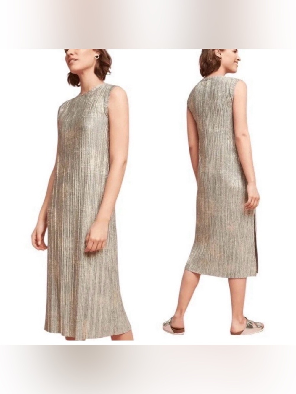 Akemi + Kin Anthropologie Corrina Sleeveless Midi Dress Metallic Bronze Rib Knit